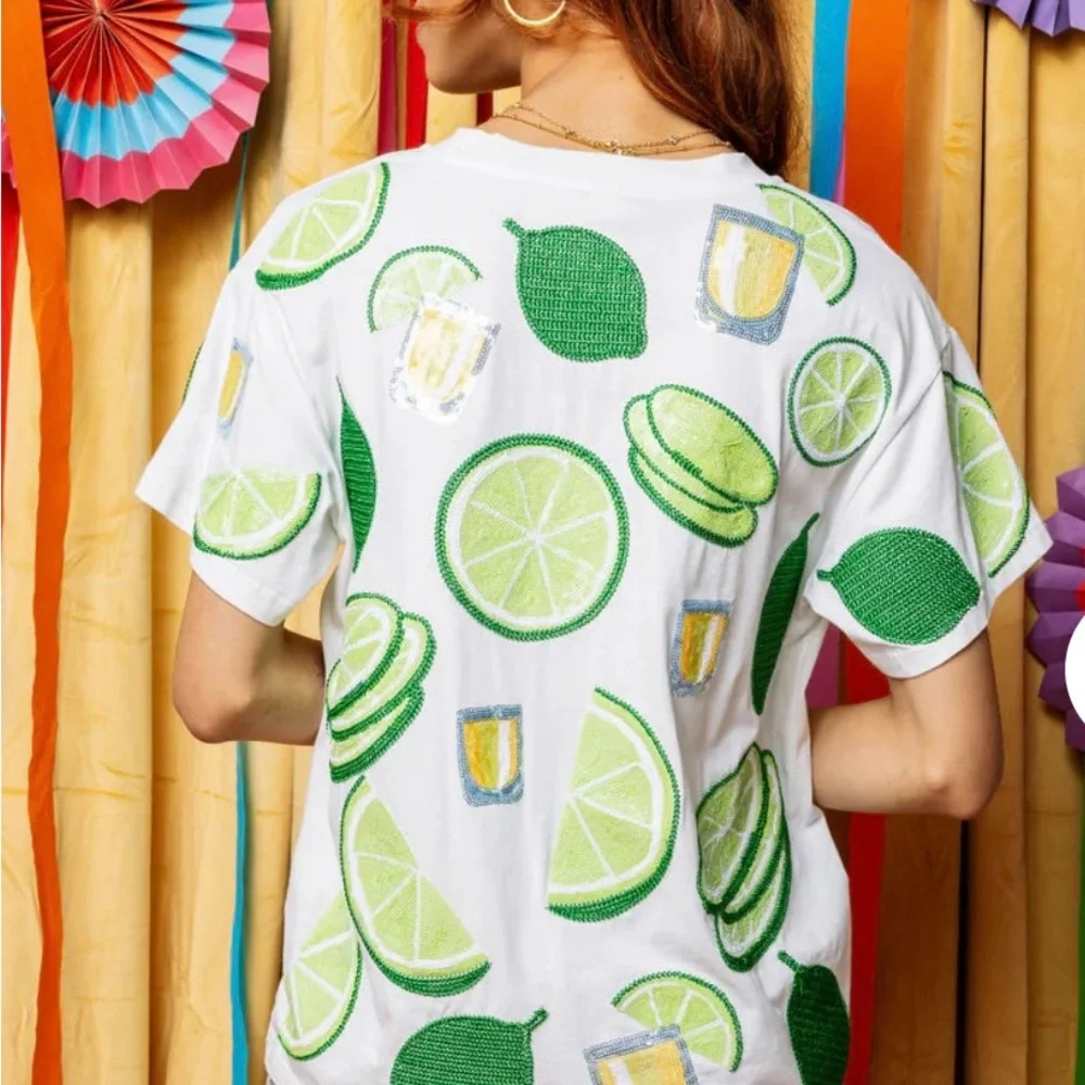 🍋‍🟩NWOT Queen Of Sparkles XS Sequined Lime And Tequila Tee - Picture 8 of 11